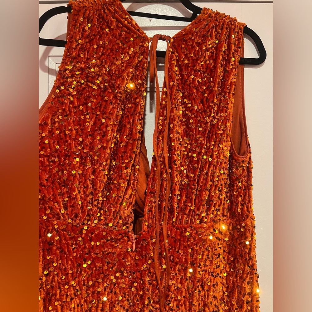 Orange Velvet Sequin Deep V Gown - Picture 2 of 7